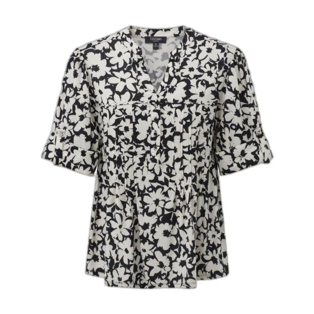 Cocomo Women's Plus Size 3X Black White Floral Studded Pintuck Short Sleeve Top